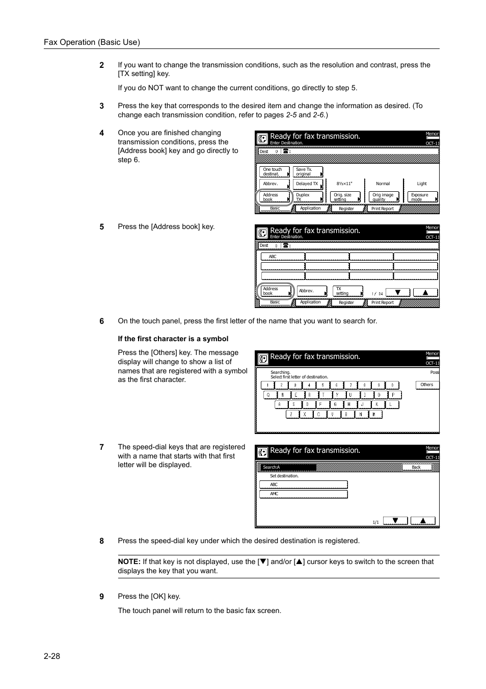 Fax operation (basic use) 2-28 2, Press the [address book] key, Ready for fax transmission | TA Triumph-Adler DCC 2520 User Manual | Page 64 / 242