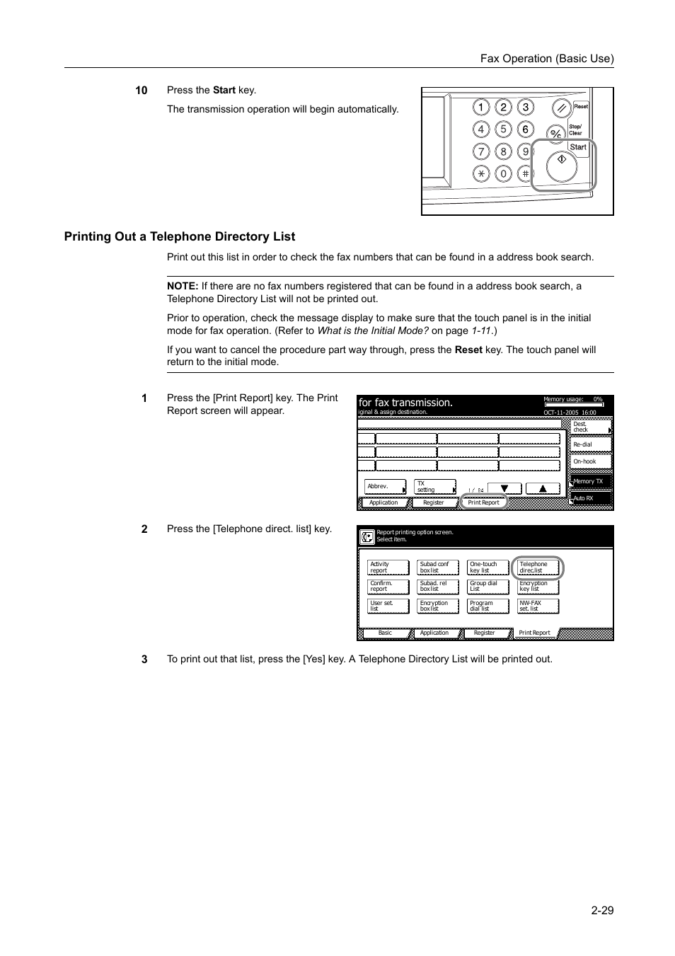 Printing out a telephone directory list, Printing out a telephone directory list -29, Press the [telephone direct. list] key | For fax transmission | TA Triumph-Adler DCC 2520 User Manual | Page 65 / 242