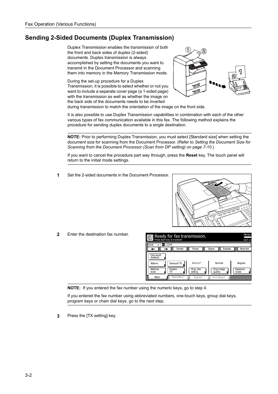 Sending 2-sided documents (duplex transmission), Sending 2-sided documents (duplex transmission) -2, Fax operation (various functions) 3-2 | Press the [tx setting] key, Ready for fax transmission | TA Triumph-Adler DCC 2520 User Manual | Page 68 / 242