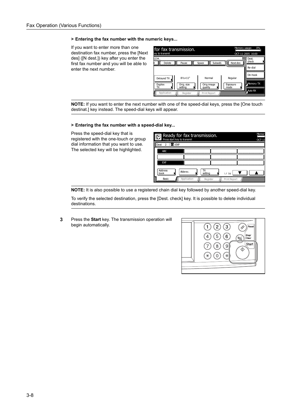 Fax operation (various functions) 3-8, For fax transmission, Ready for fax transmission | TA Triumph-Adler DCC 2520 User Manual | Page 74 / 242