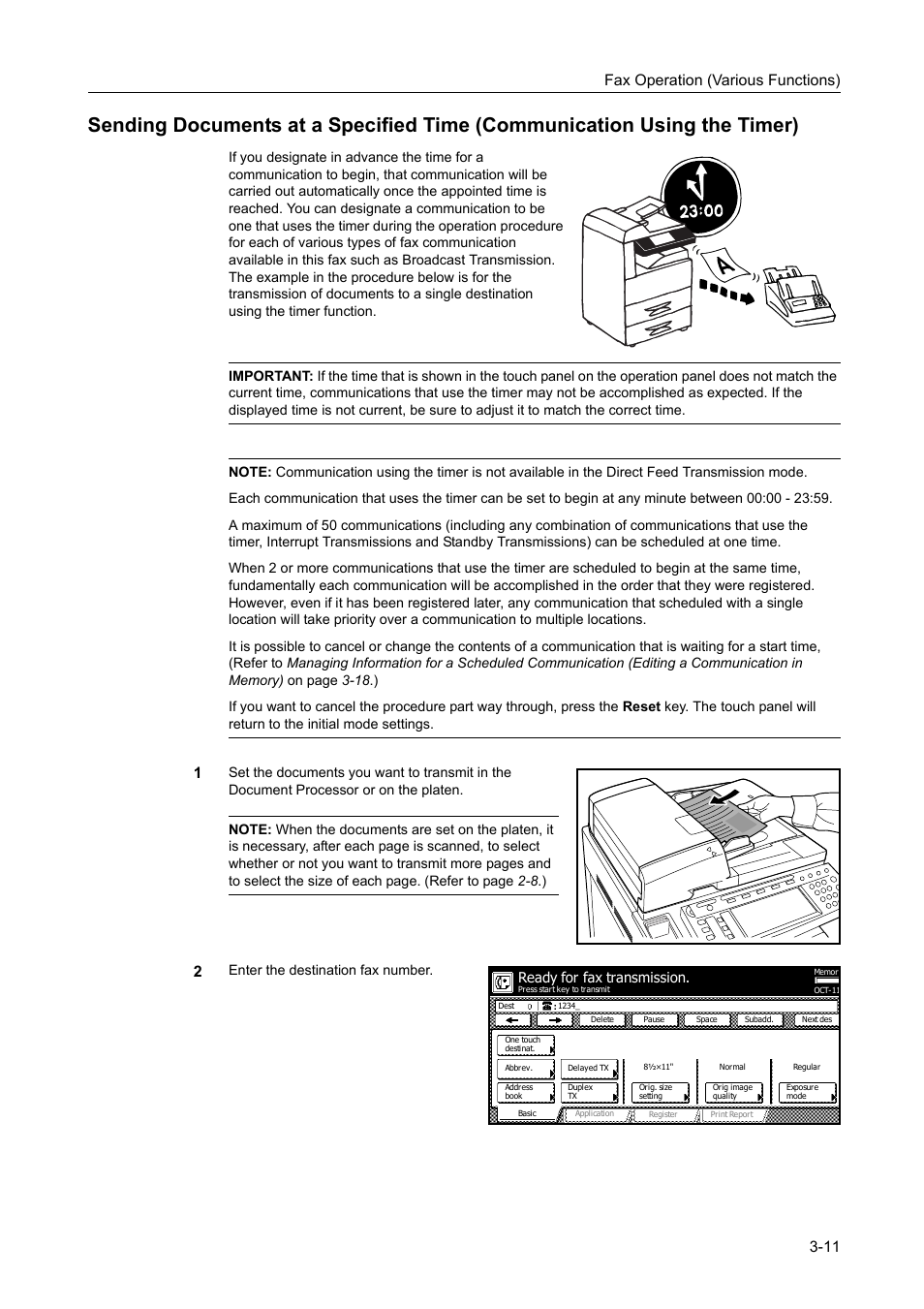 Fax operation (various functions) 3-11, Enter the destination fax number, Ready for fax transmission | TA Triumph-Adler DCC 2520 User Manual | Page 77 / 242