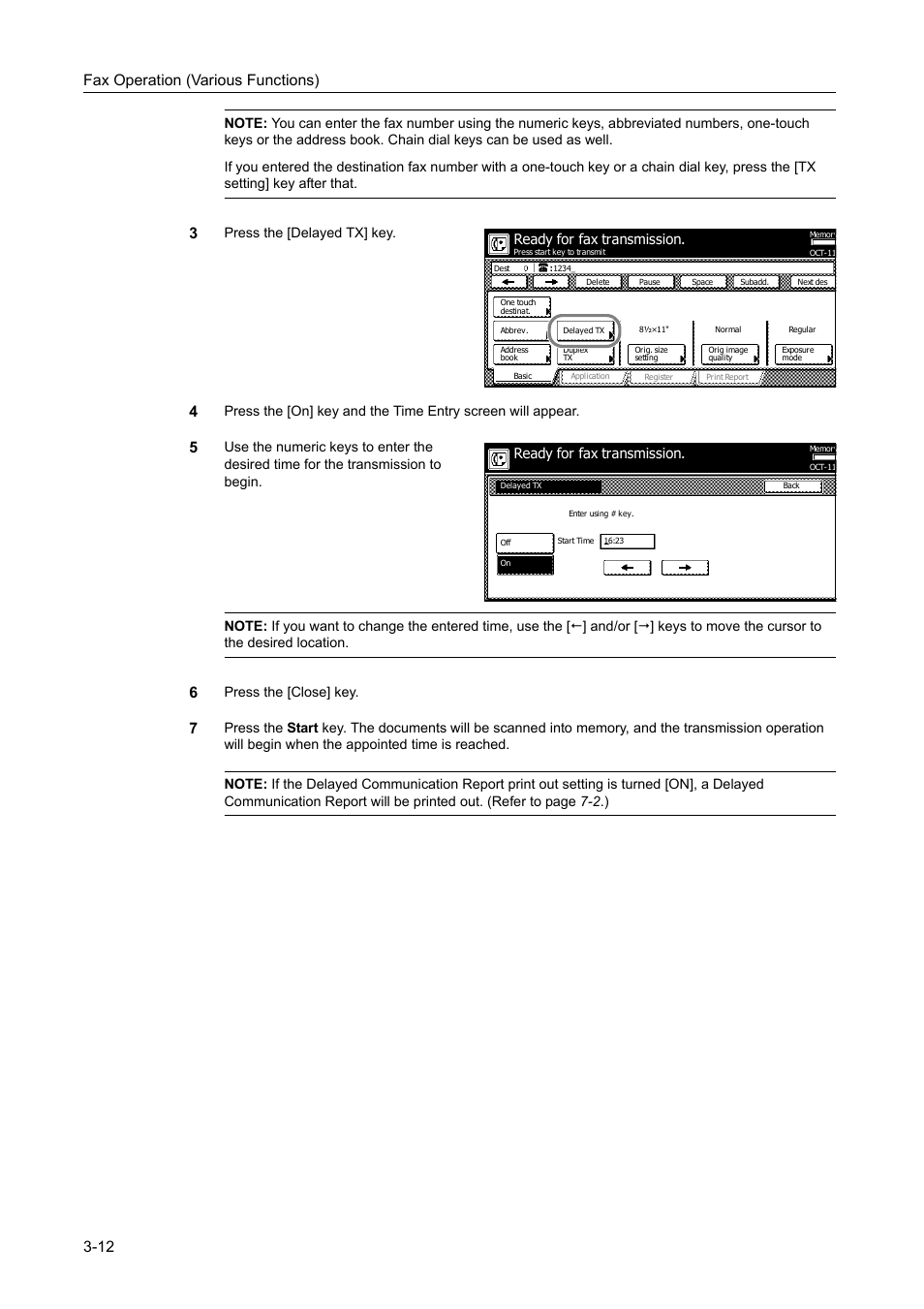 Fax operation (various functions) 3-12, Press the [delayed tx] key, Press the [close] key | Ready for fax transmission | TA Triumph-Adler DCC 2520 User Manual | Page 78 / 242