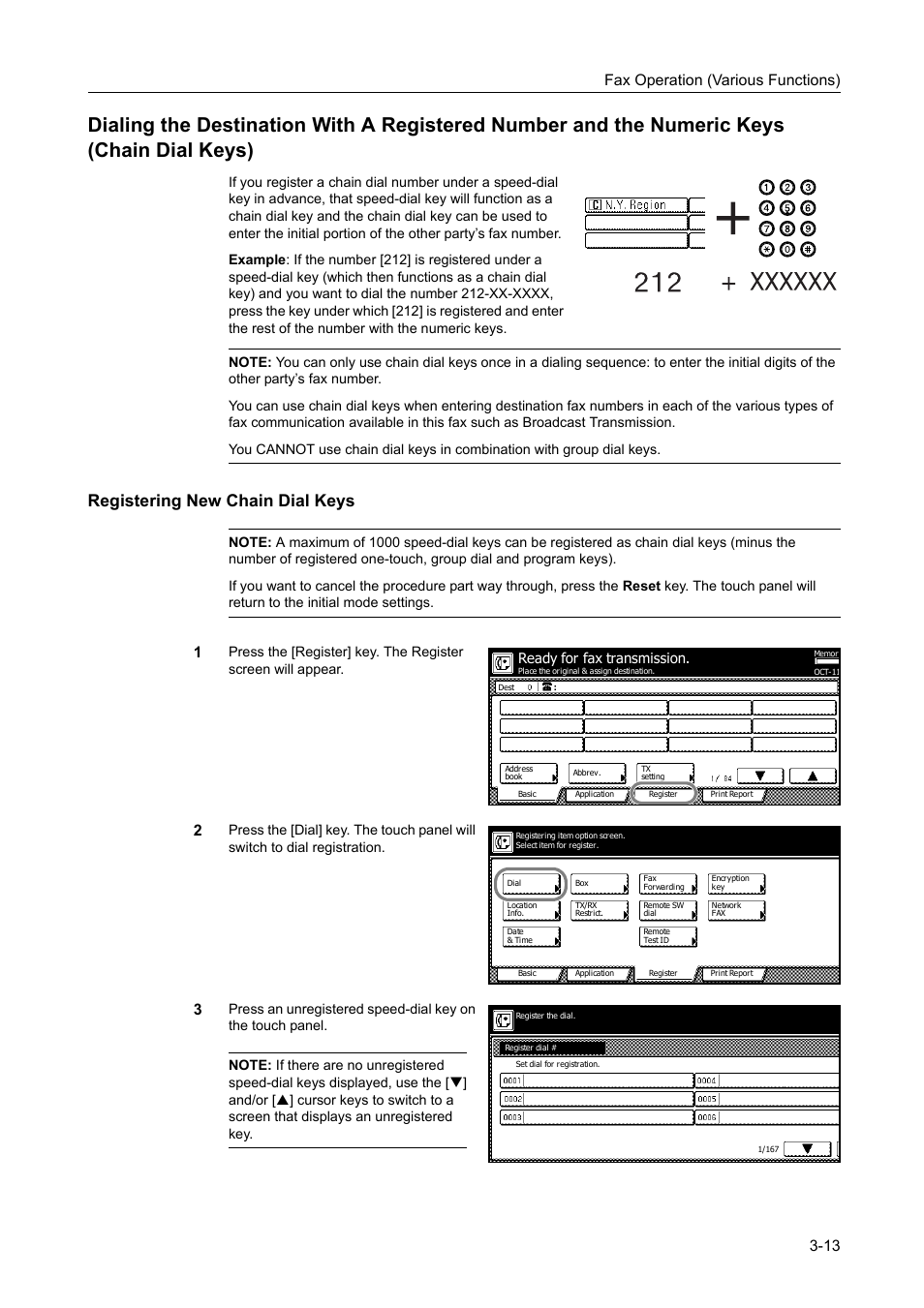 Registering new chain dial keys, Registering new chain dial keys -13, Fax operation (various functions) 3-13 | Ready for fax transmission | TA Triumph-Adler DCC 2520 User Manual | Page 79 / 242