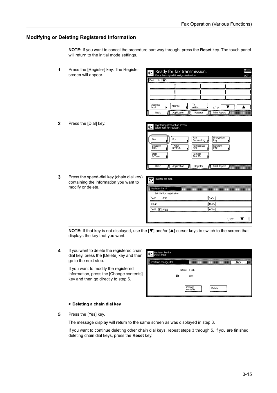 Modifying or deleting registered information, Modifying or deleting registered information -15, Fax operation (various functions) 3-15 | Press the [dial] key, Ready for fax transmission | TA Triumph-Adler DCC 2520 User Manual | Page 81 / 242