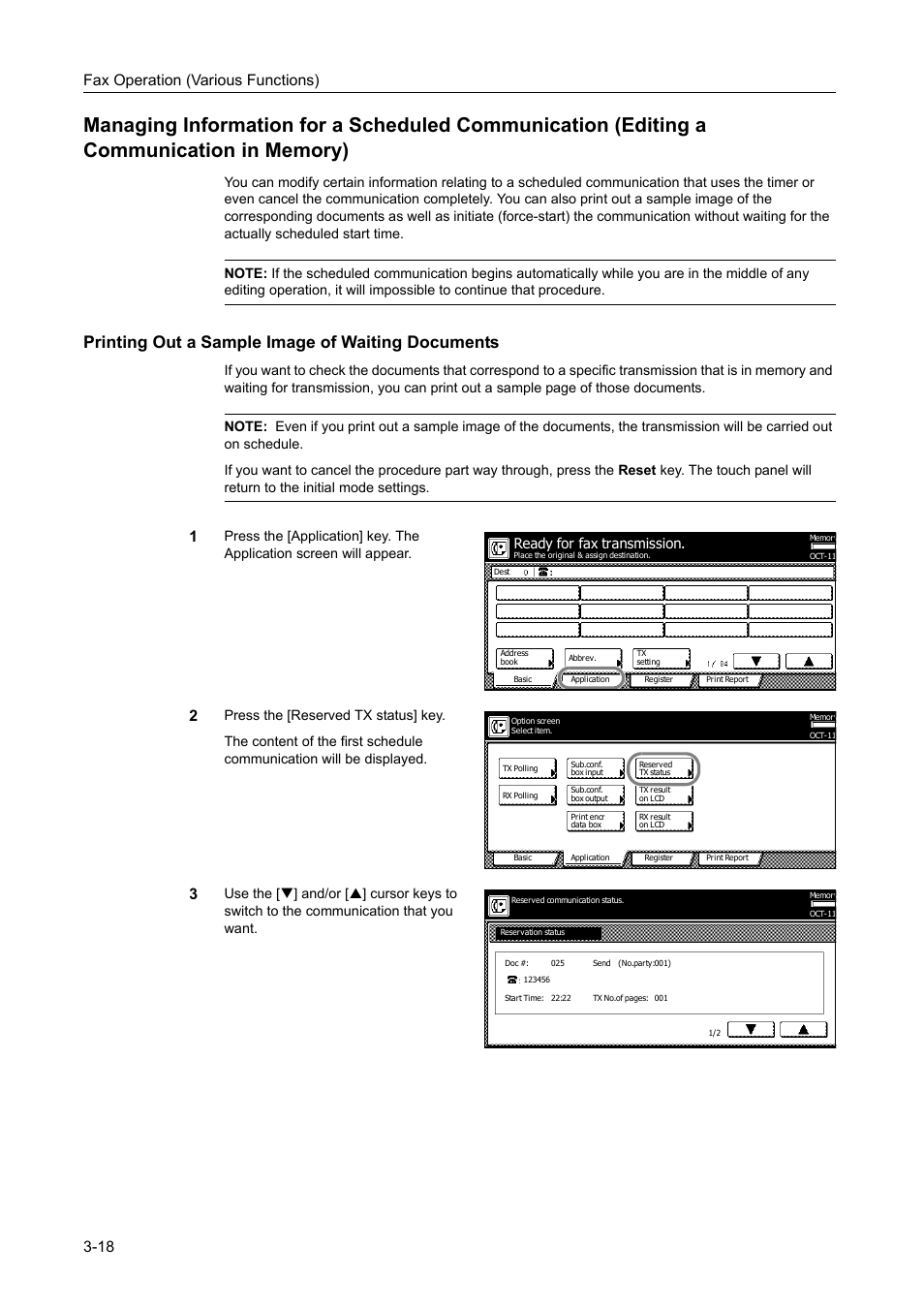Printing out a sample image of waiting documents, Fax operation (various functions) 3-18, Ready for fax transmission | TA Triumph-Adler DCC 2520 User Manual | Page 84 / 242