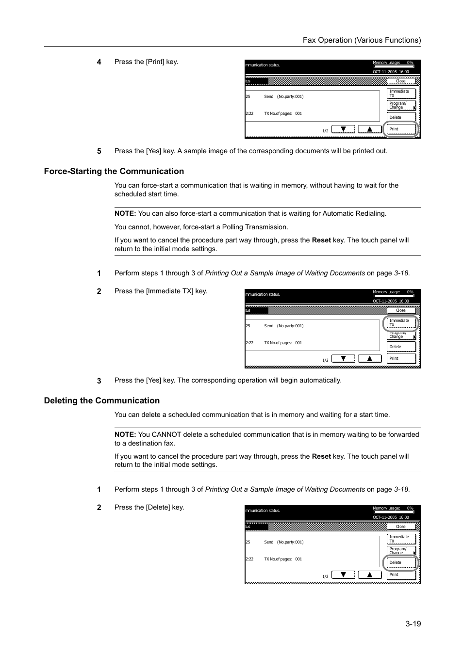 Force-starting the communication, Deleting the communication, Fax operation (various functions) 3-19 4 | Press the [print] key, Press the [immediate tx] key, Press the [delete] key | TA Triumph-Adler DCC 2520 User Manual | Page 85 / 242