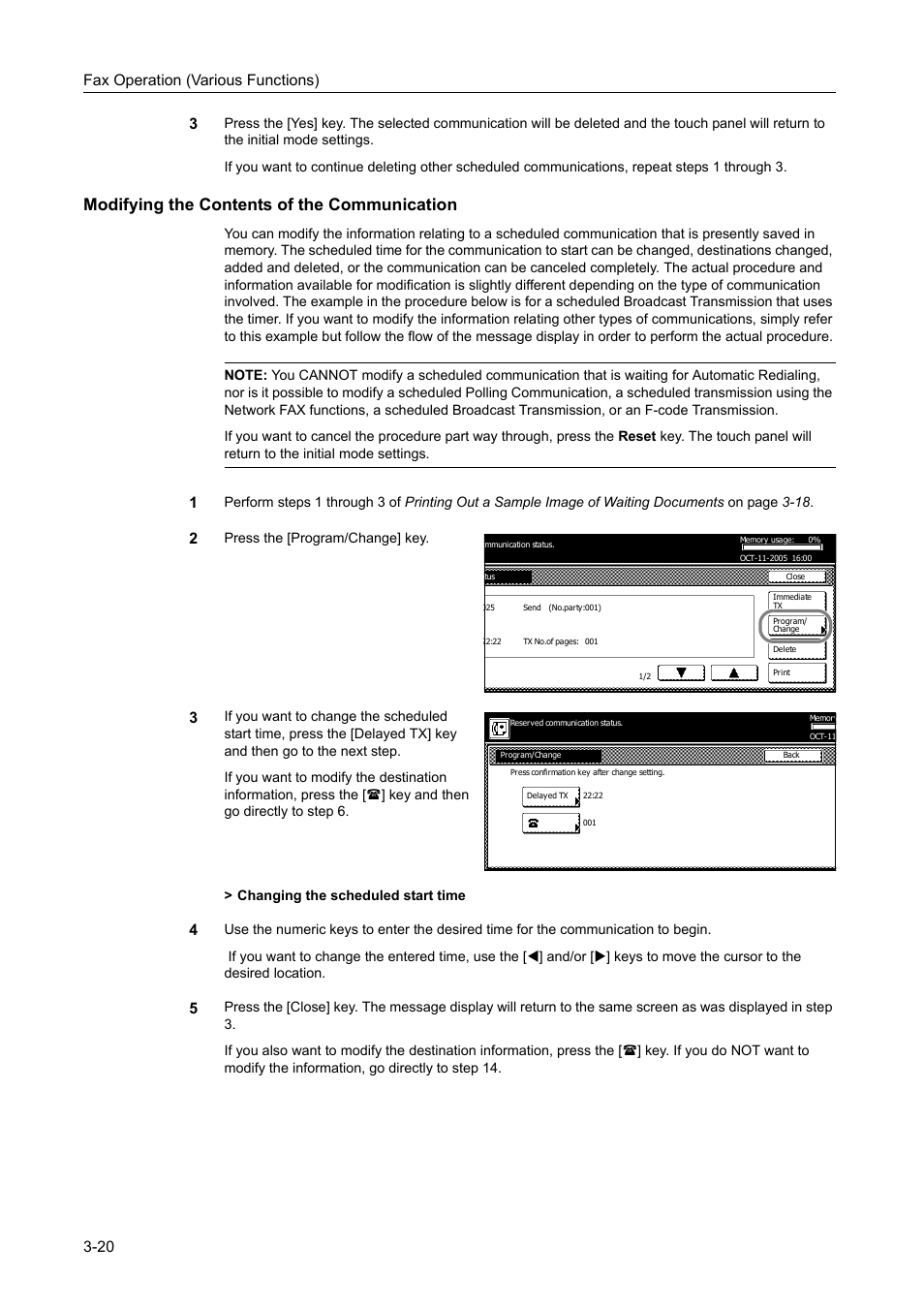 Modifying the contents of the communication, Modifying the contents of the communication -20, Fax operation (various functions) 3-20 3 | Press the [program/change] key | TA Triumph-Adler DCC 2520 User Manual | Page 86 / 242