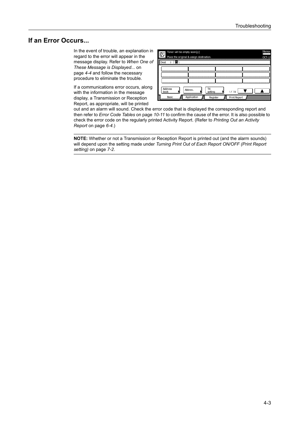 If an error occurs, If an error occurs -3, Troubleshooting 4-3 | TA Triumph-Adler DCC 2520 User Manual | Page 95 / 242