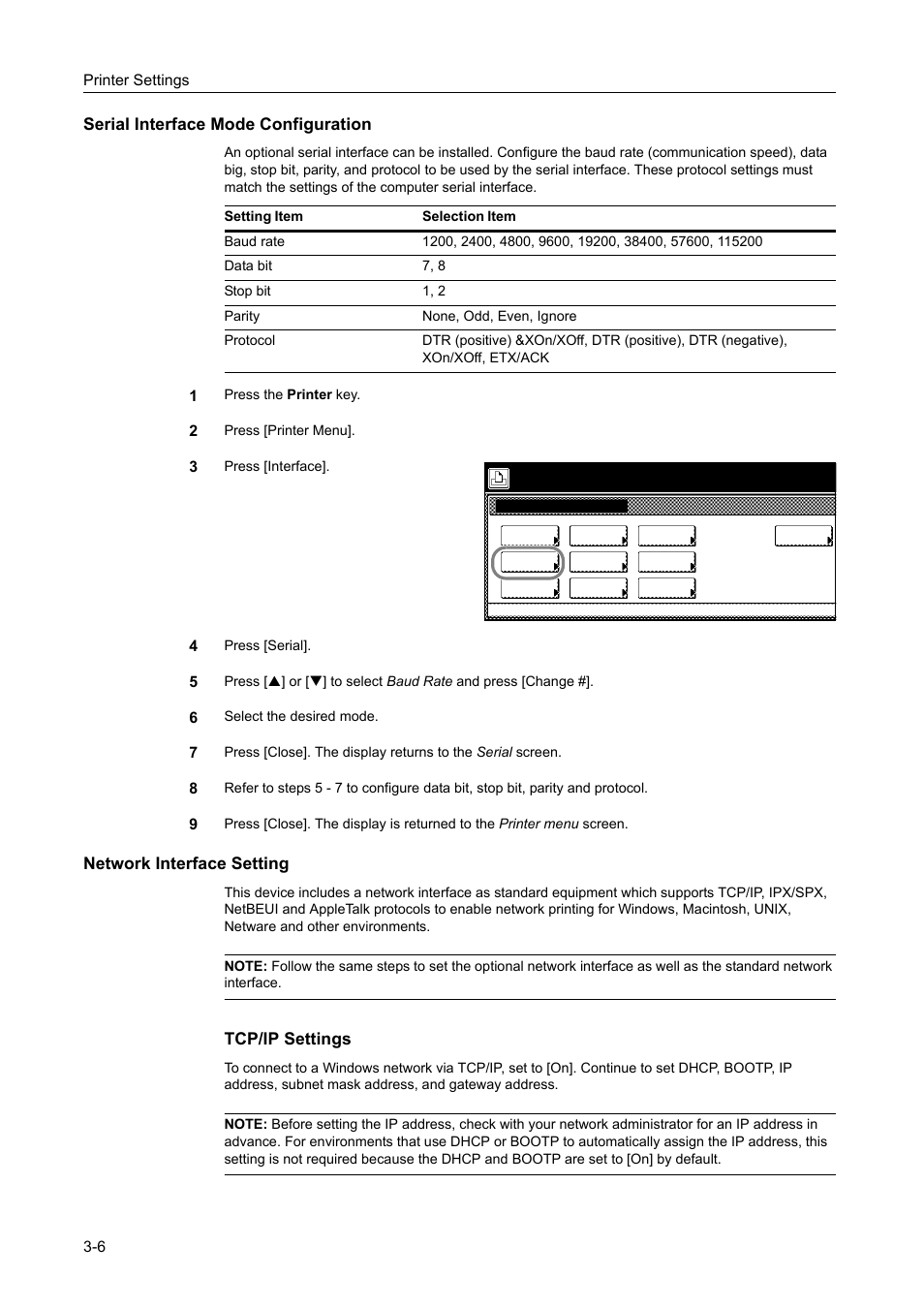 Serial interface mode configuration, Network interface setting, Tcp/ip settings | TA Triumph-Adler DCC 2520 User Manual | Page 100 / 378