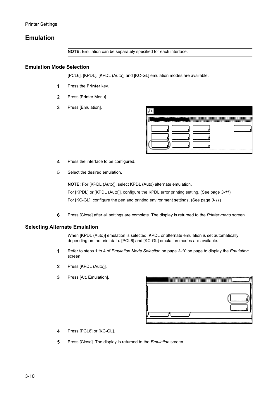 Emulation, Emulation mode selection, Selecting alternate emulation | Emulation -10 | TA Triumph-Adler DCC 2520 User Manual | Page 104 / 378