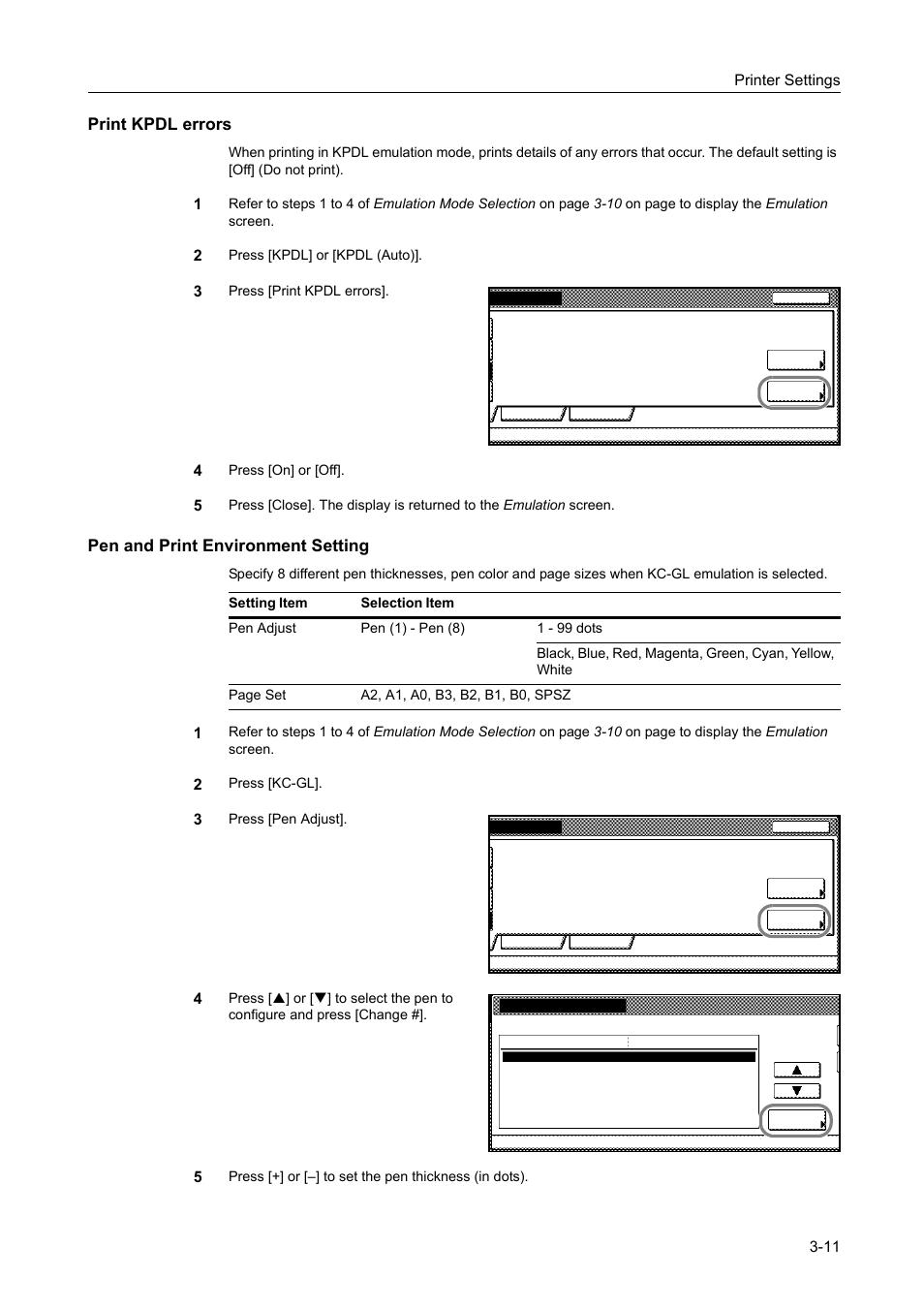 Print kpdl errors, Pen and print environment setting, Printer settings 3-11 | TA Triumph-Adler DCC 2520 User Manual | Page 105 / 378