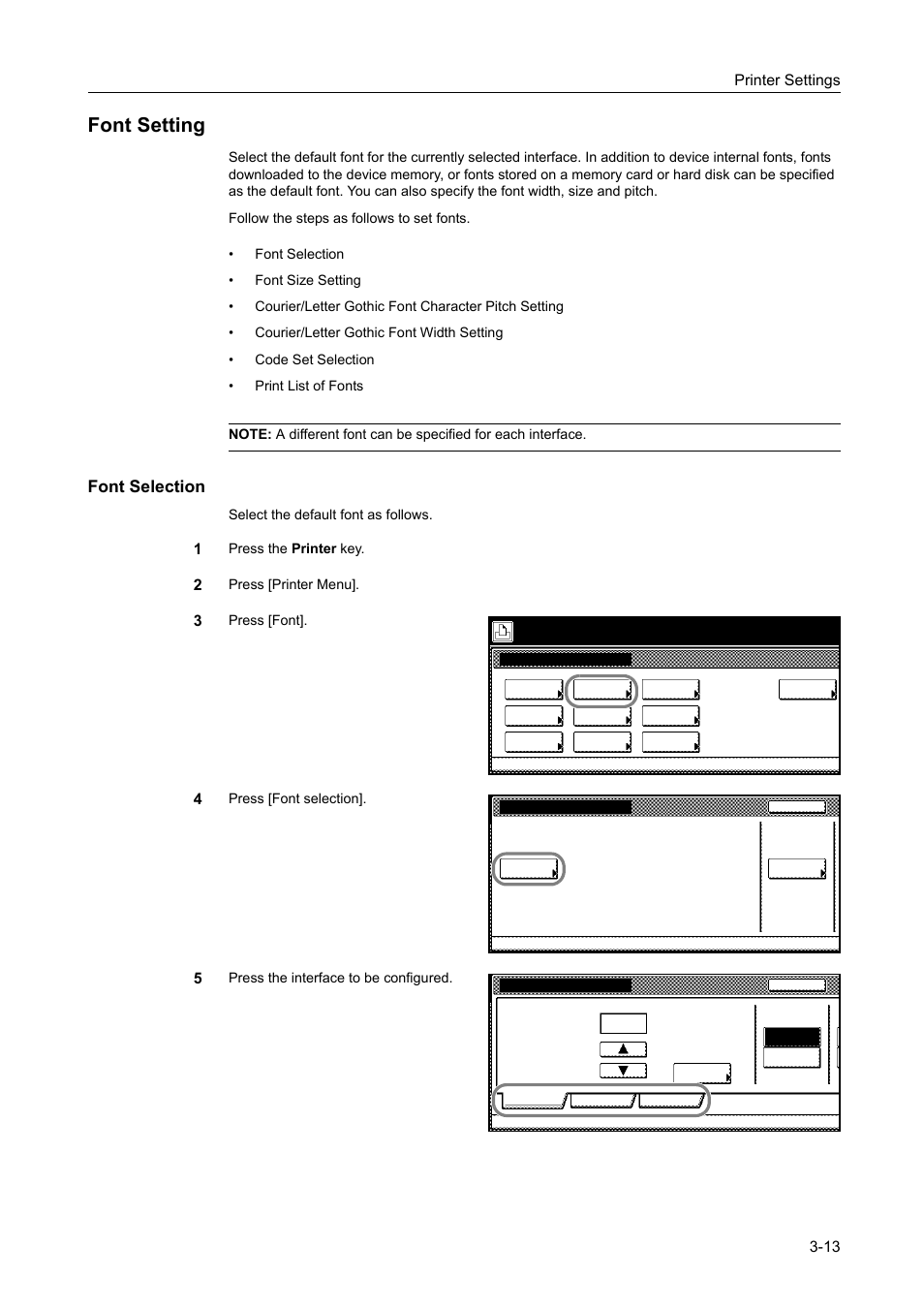 Font setting, Font selection, Font setting -13 | Printer settings 3-13 | TA Triumph-Adler DCC 2520 User Manual | Page 107 / 378