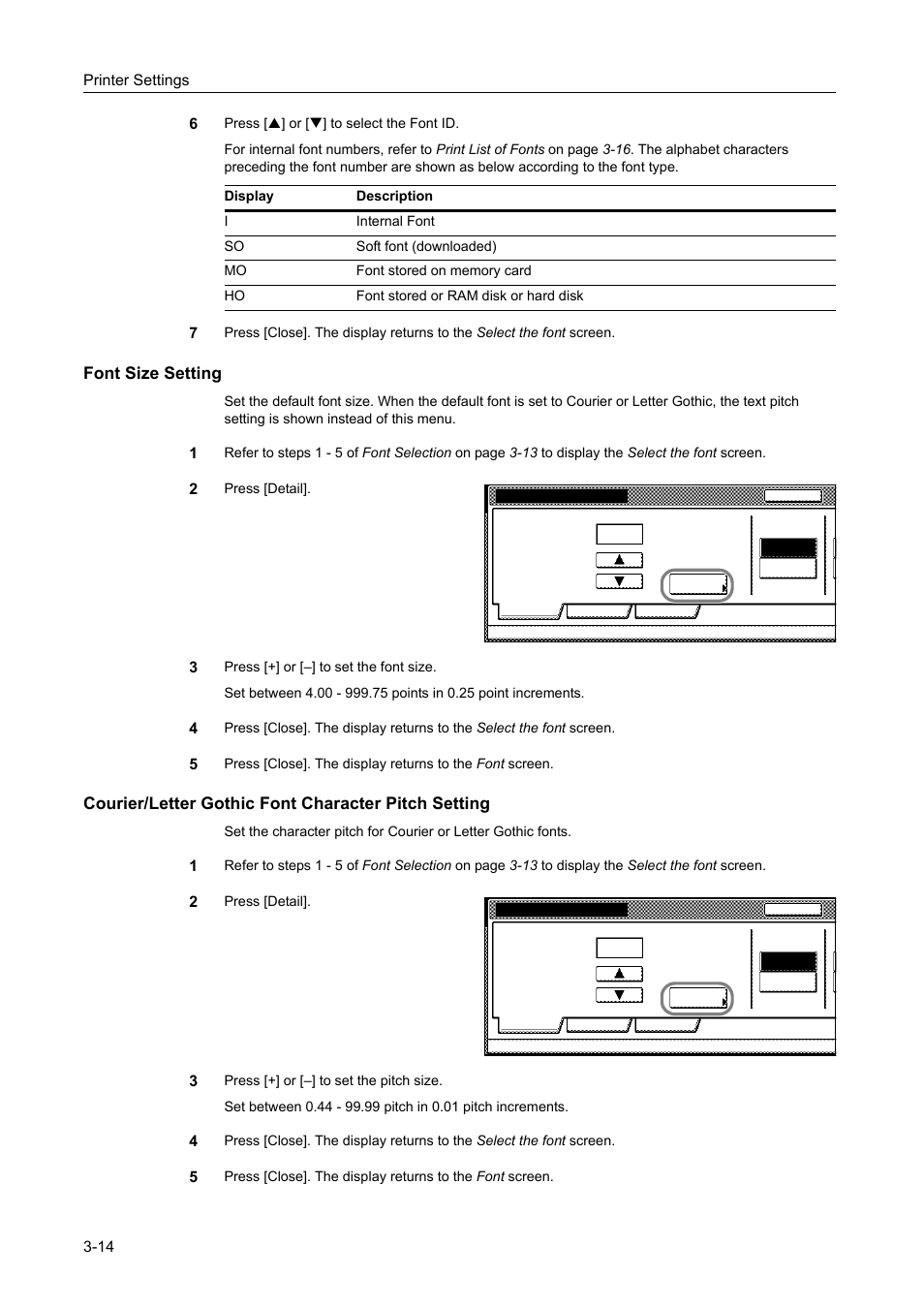 Font size setting, Courier/letter gothic font character pitch setting | TA Triumph-Adler DCC 2520 User Manual | Page 108 / 378