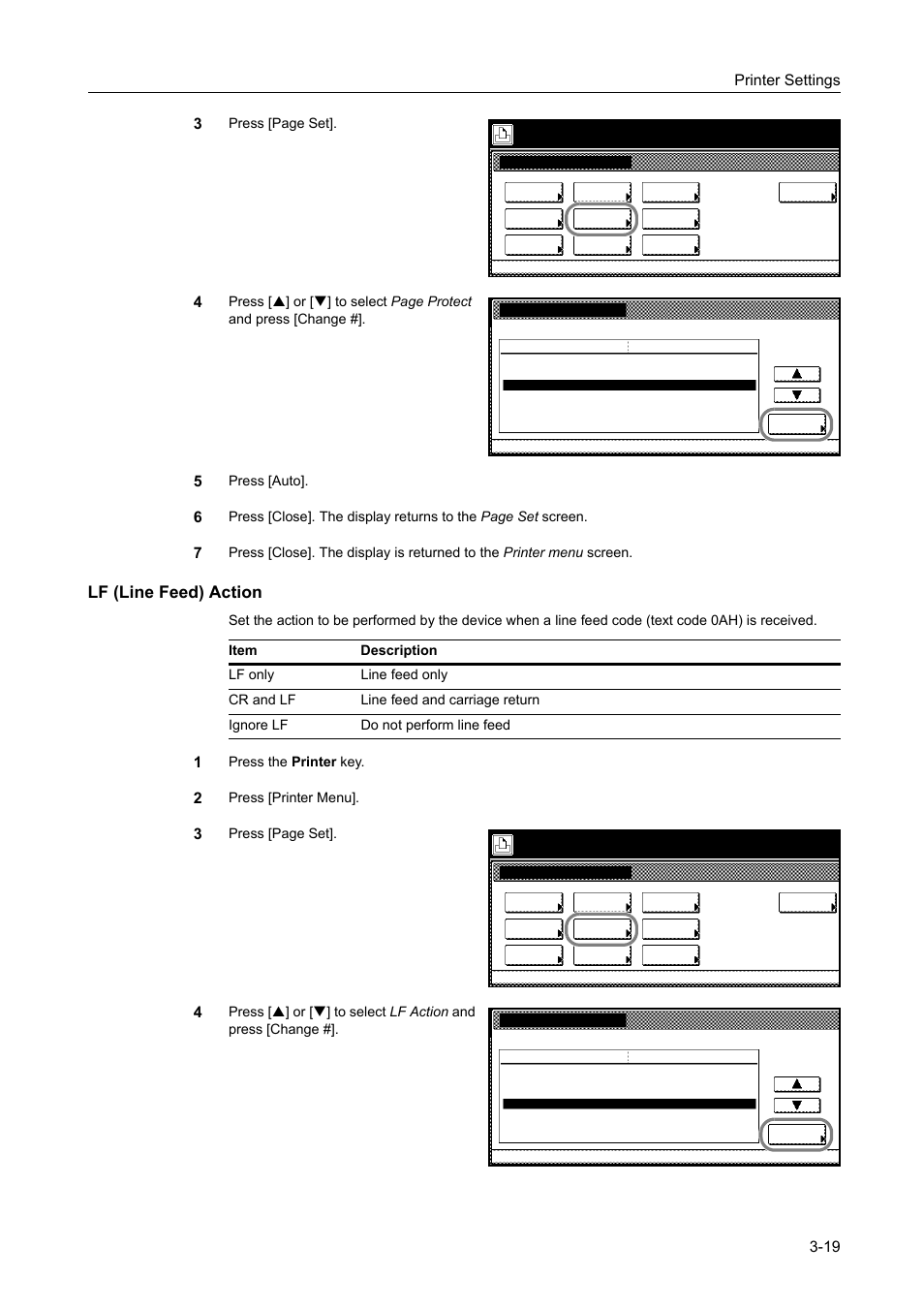 Lf (line feed) action, Printer settings 3-19 3, Press [page set | Press [auto, Press the printer key, Press [printer menu, Select item | TA Triumph-Adler DCC 2520 User Manual | Page 113 / 378