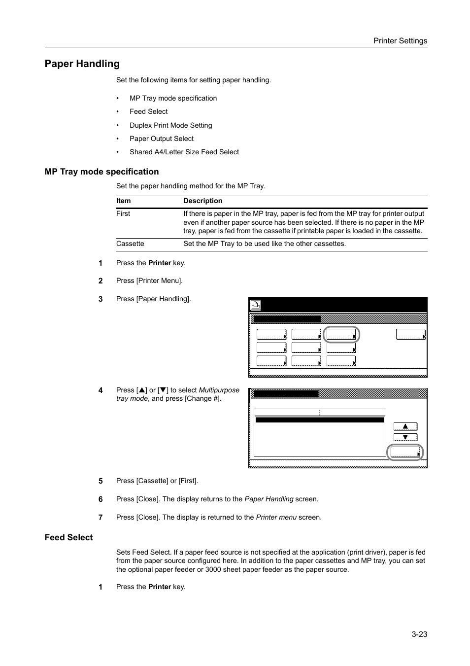 Paper handling, Mp tray mode specification, Feed select | Paper handling -23 | TA Triumph-Adler DCC 2520 User Manual | Page 117 / 378
