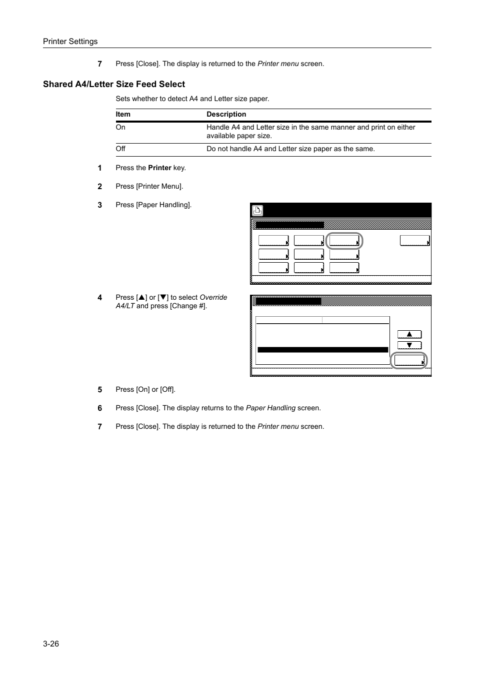 Shared a4/letter size feed select, Printer settings 3-26 7 | TA Triumph-Adler DCC 2520 User Manual | Page 120 / 378