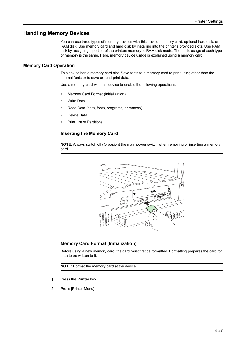 Handling memory devices, Memory card operation, Handling memory devices -27 | TA Triumph-Adler DCC 2520 User Manual | Page 121 / 378