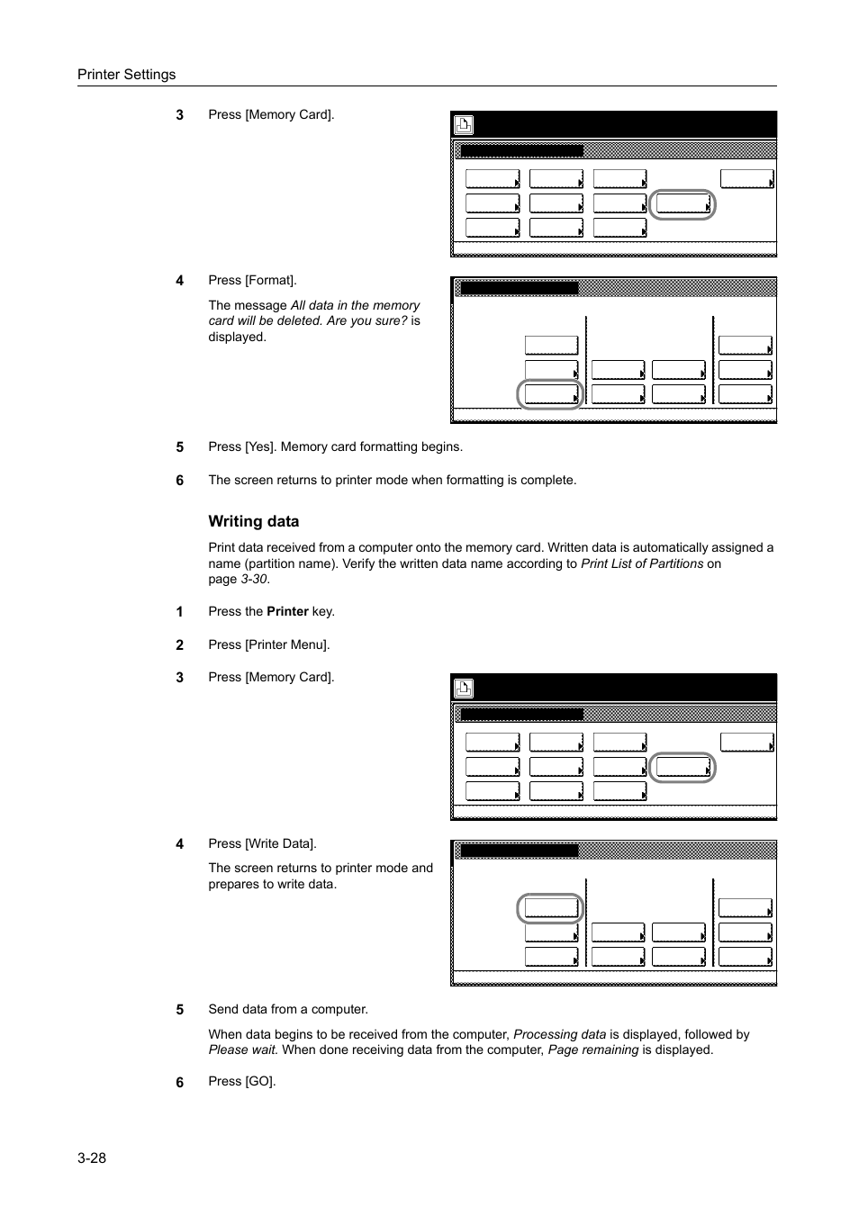 Writing data, Printer settings 3-28 3, Press the printer key | Press [printer menu, Press [go, Select item | TA Triumph-Adler DCC 2520 User Manual | Page 122 / 378
