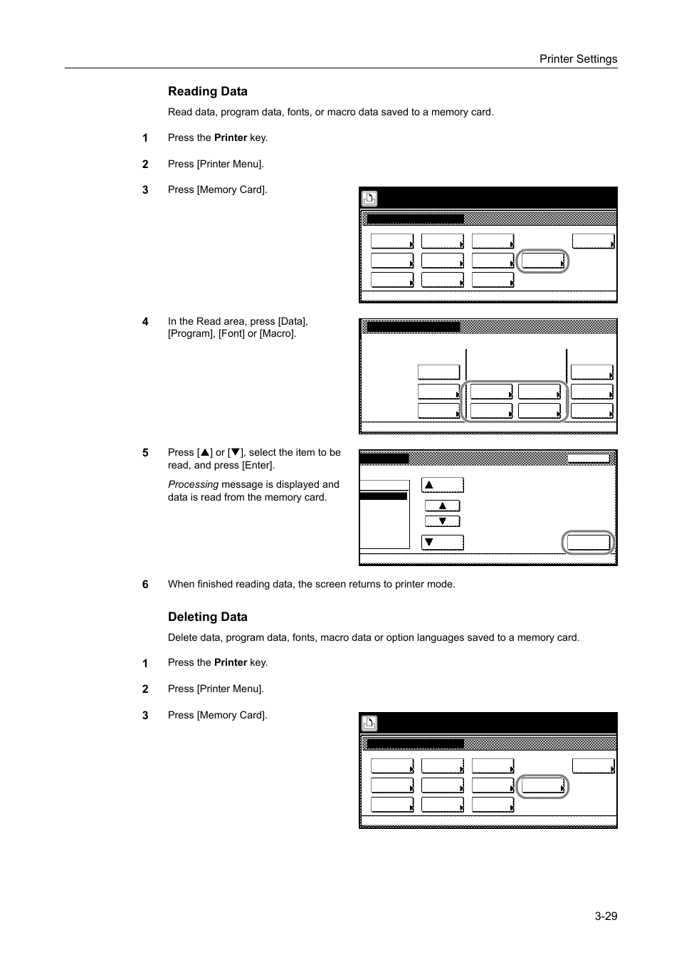 Reading data, Deleting data, Printer settings 3-29 | Press the printer key, Press [printer menu, Select item | TA Triumph-Adler DCC 2520 User Manual | Page 123 / 378