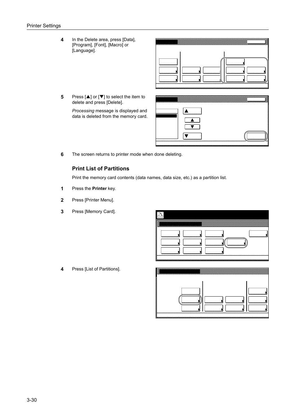Print list of partitions, Printer settings 3-30 4, Press the printer key | Press [printer menu, Press [list of partitions, Select item | TA Triumph-Adler DCC 2520 User Manual | Page 124 / 378