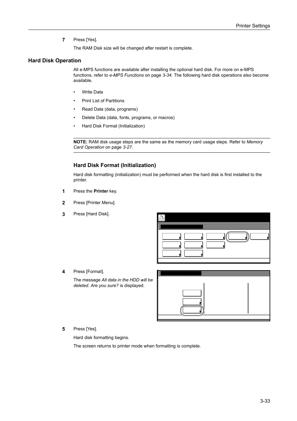 Hard disk operation, Hard disk format (initialization) | TA Triumph-Adler DCC 2520 User Manual | Page 127 / 378