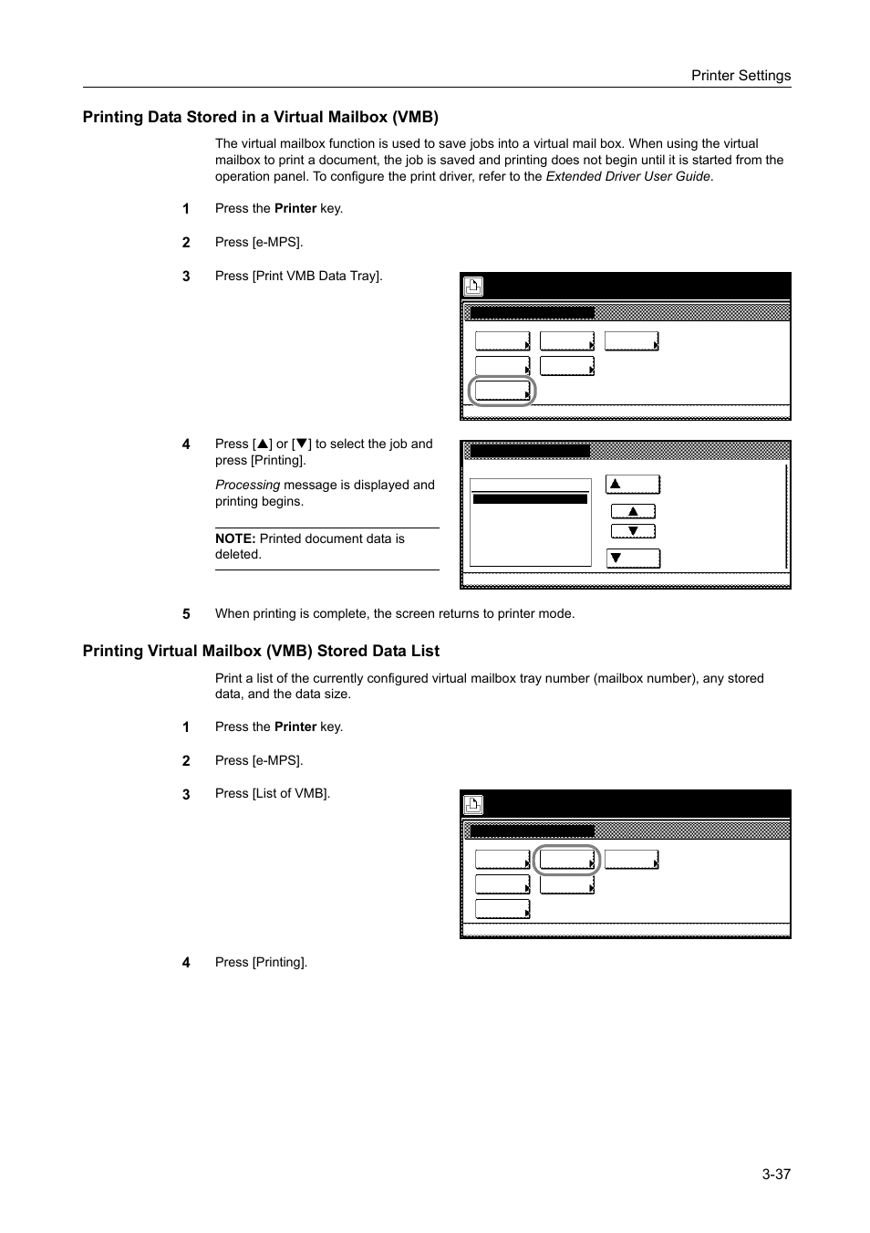 Printing data stored in a virtual mailbox (vmb), Printing virtual mailbox (vmb) stored data list, Printer settings 3-37 | TA Triumph-Adler DCC 2520 User Manual | Page 131 / 378
