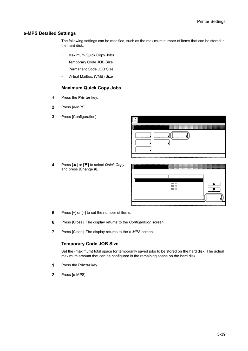 E-mps detailed settings, E-mps detailed settings -39, Maximum quick copy jobs | Temporary code job size | TA Triumph-Adler DCC 2520 User Manual | Page 133 / 378