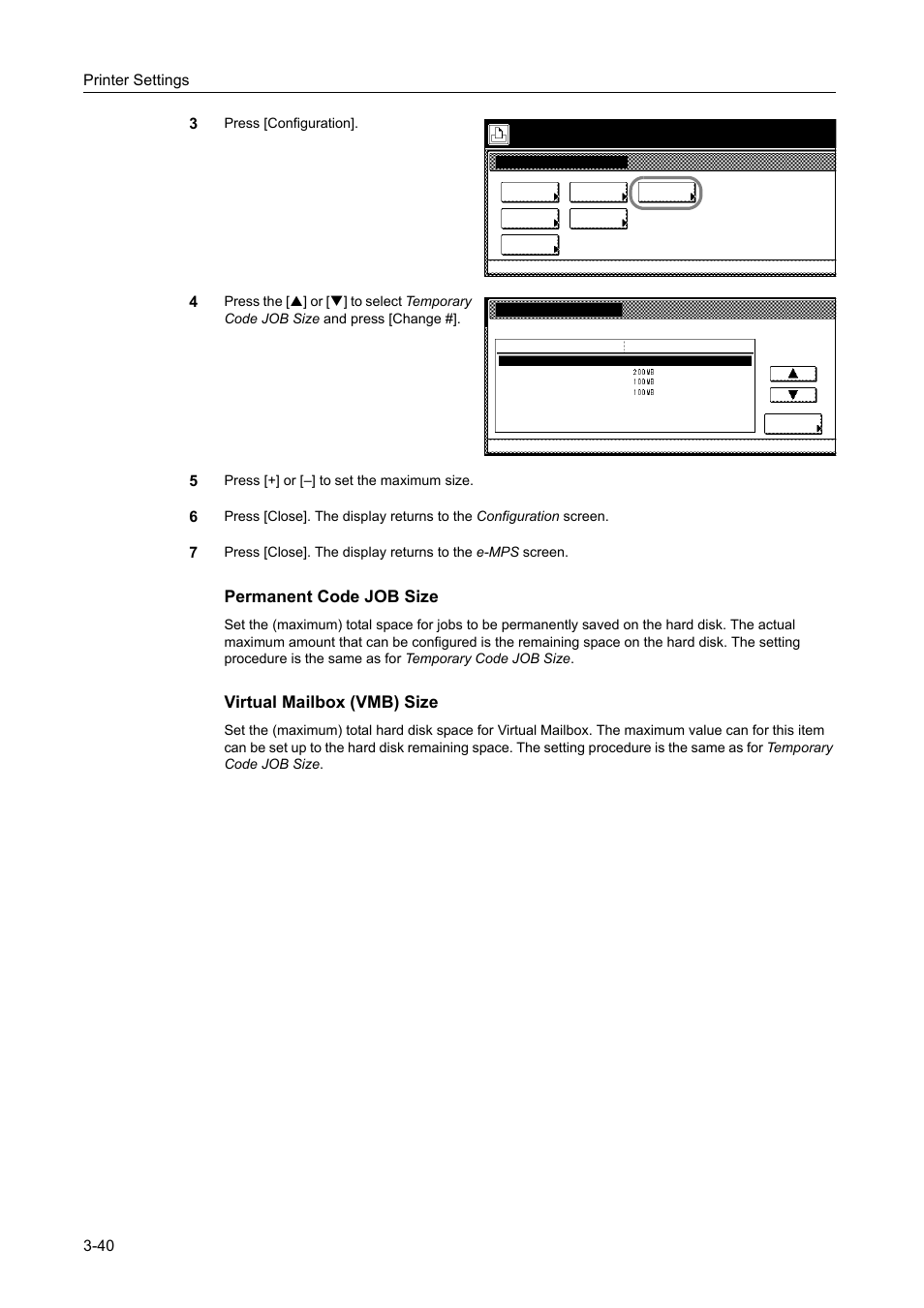 Permanent code job size, Virtual mailbox (vmb) size, Printer settings 3-40 3 | TA Triumph-Adler DCC 2520 User Manual | Page 134 / 378