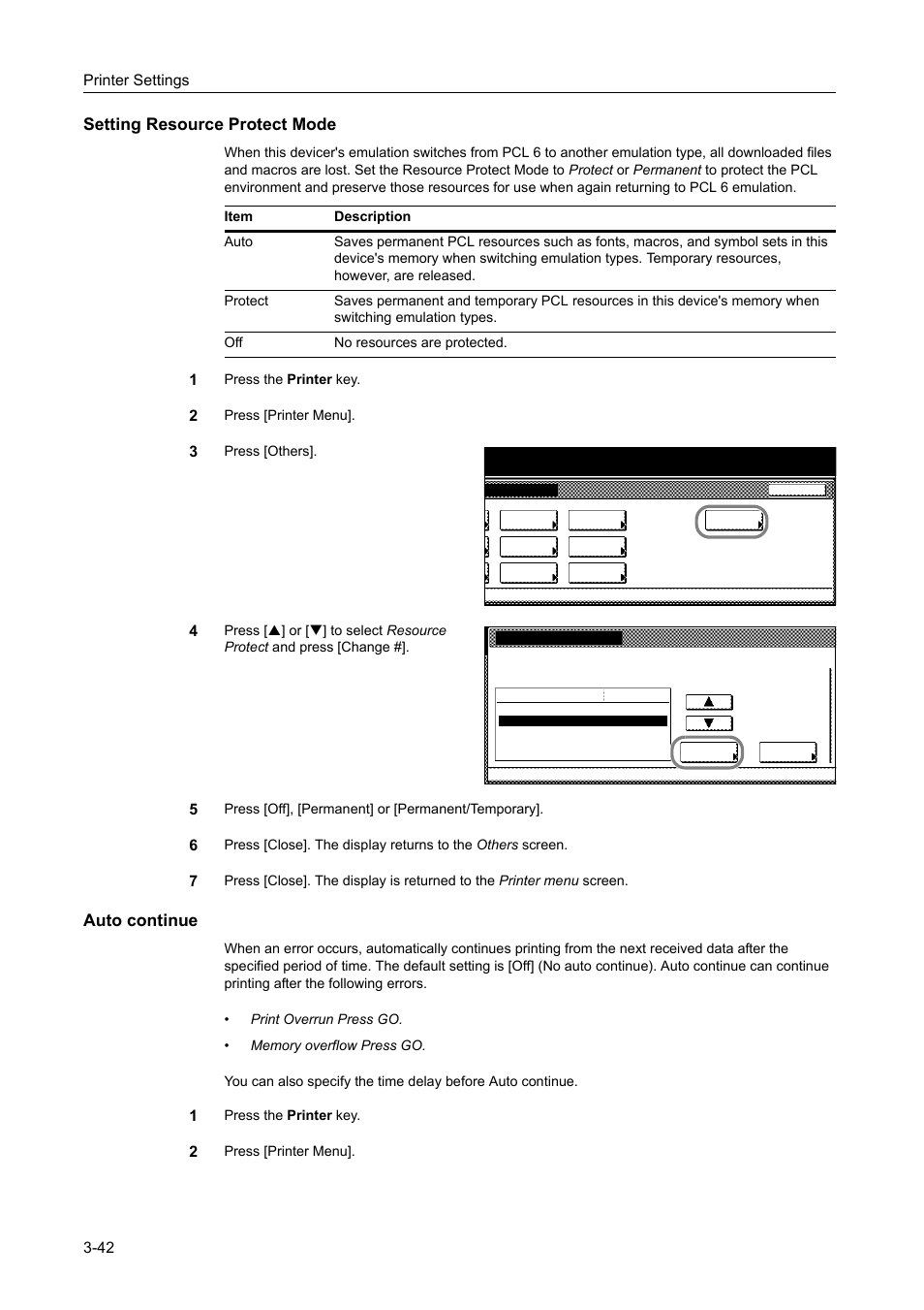 Setting resource protect mode, Auto continue | TA Triumph-Adler DCC 2520 User Manual | Page 136 / 378