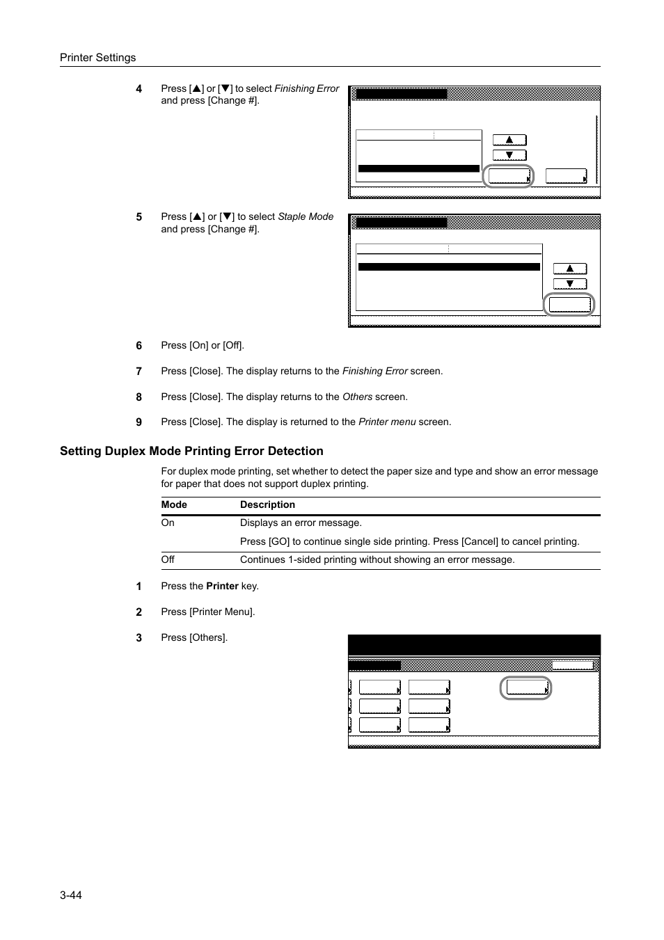 Setting duplex mode printing error detection, Printer settings 3-44 4 | TA Triumph-Adler DCC 2520 User Manual | Page 138 / 378