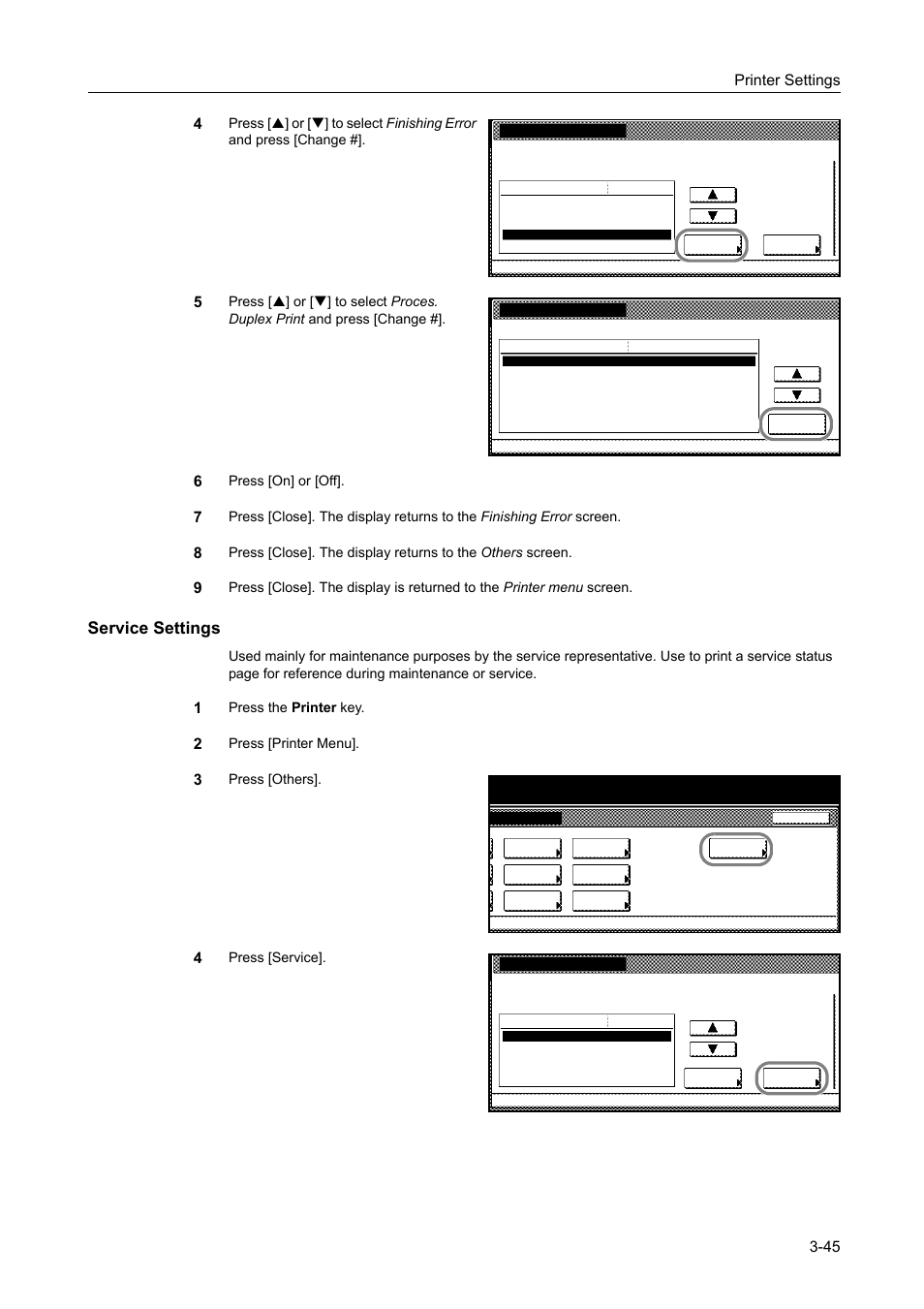 Service settings, Printer settings 3-45 4, Press [on] or [off | Press the printer key, Press [printer menu, Press [others, Press [service, Item | TA Triumph-Adler DCC 2520 User Manual | Page 139 / 378