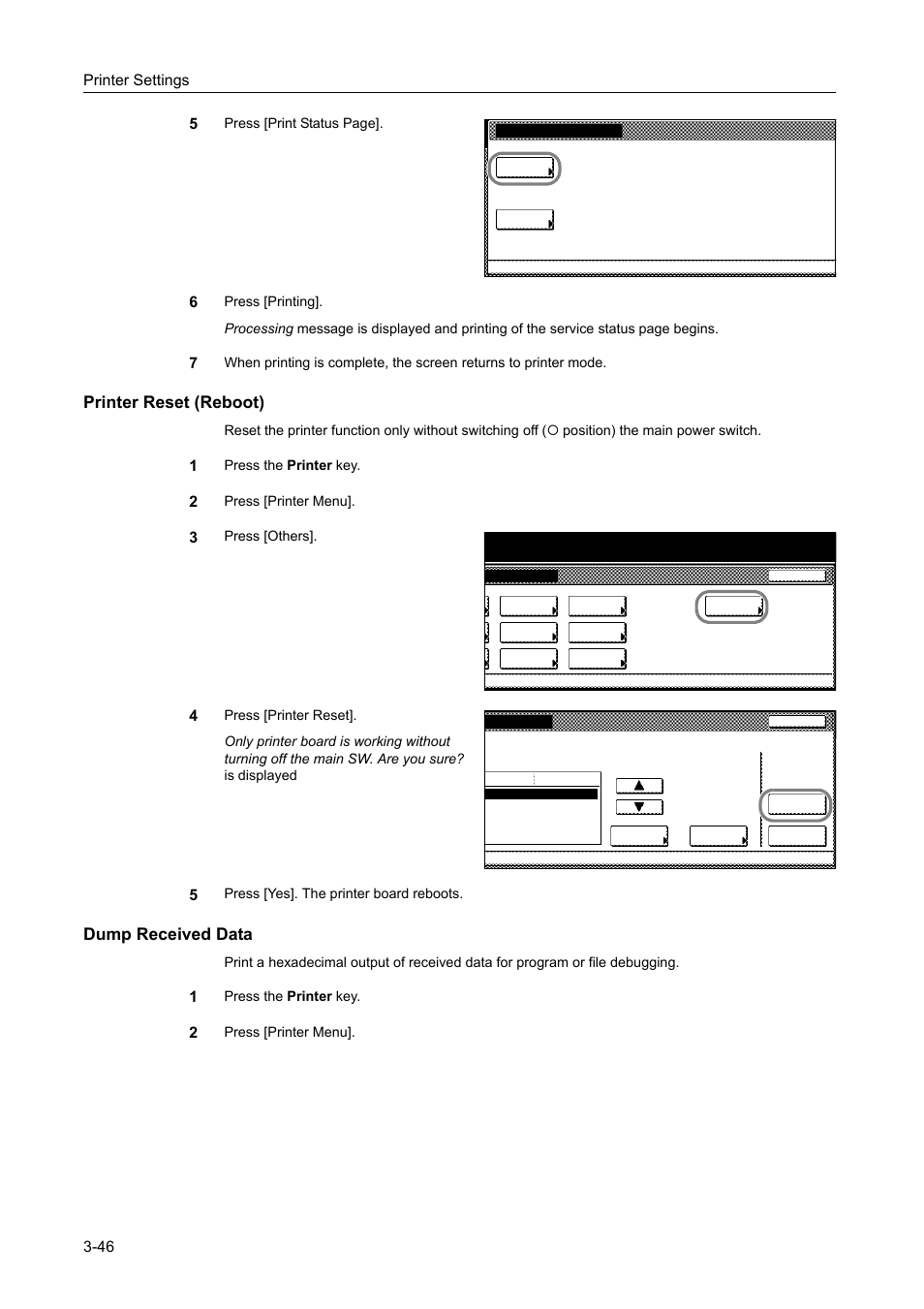 Printer reset (reboot), Dump received data, Printer settings 3-46 5 | TA Triumph-Adler DCC 2520 User Manual | Page 140 / 378