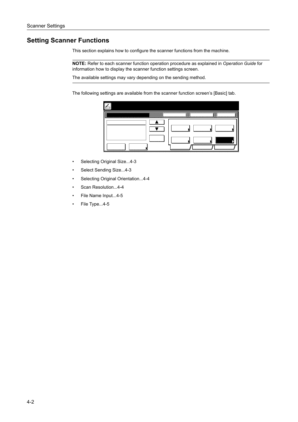 Setting scanner functions, Setting scanner functions -2, Scanner settings 4-2 | Ready to scan. ( ) full-color | TA Triumph-Adler DCC 2520 User Manual | Page 144 / 378