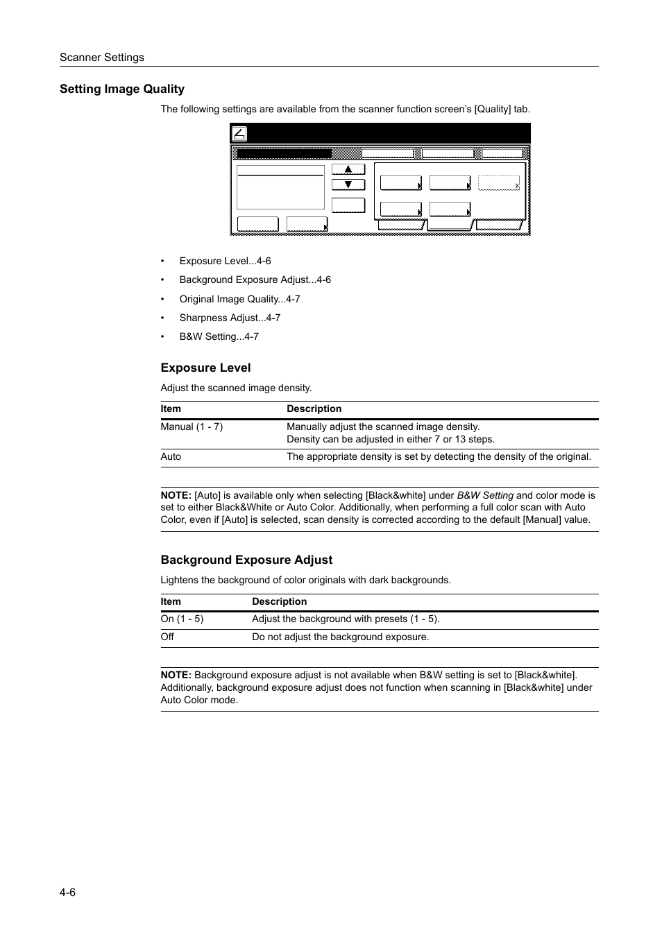 Setting image quality, Exposure level, Background exposure adjust | Scanner settings 4-6 | TA Triumph-Adler DCC 2520 User Manual | Page 148 / 378