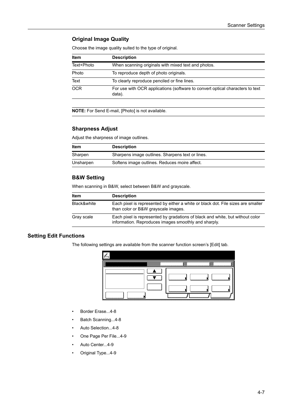 Setting edit functions, For b&w setting, Original image quality -7 | Sharpness adjust -7, B&w setting -7, B&w setting and colo, Original image quality, Sharpness adjust, B&w setting | TA Triumph-Adler DCC 2520 User Manual | Page 149 / 378