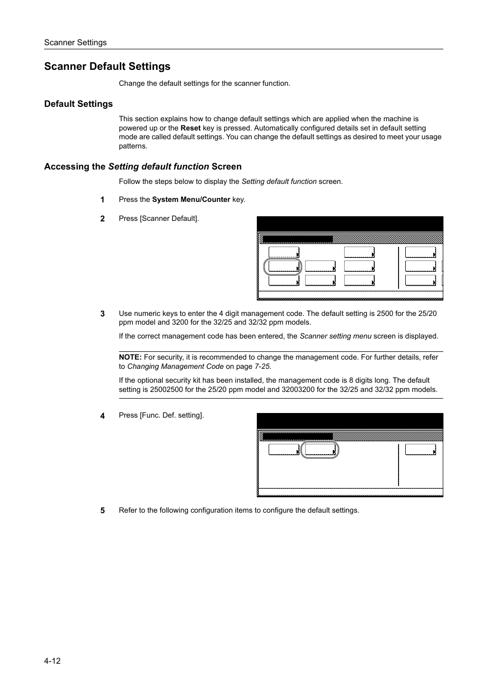 Scanner default settings, Default settings, Accessing the setting default function screen | Scanner default settings -12, Scanner settings 4-12 | TA Triumph-Adler DCC 2520 User Manual | Page 154 / 378
