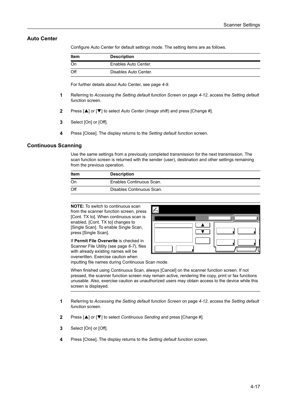 Auto center, Continuous scanning | TA Triumph-Adler DCC 2520 User Manual | Page 159 / 378