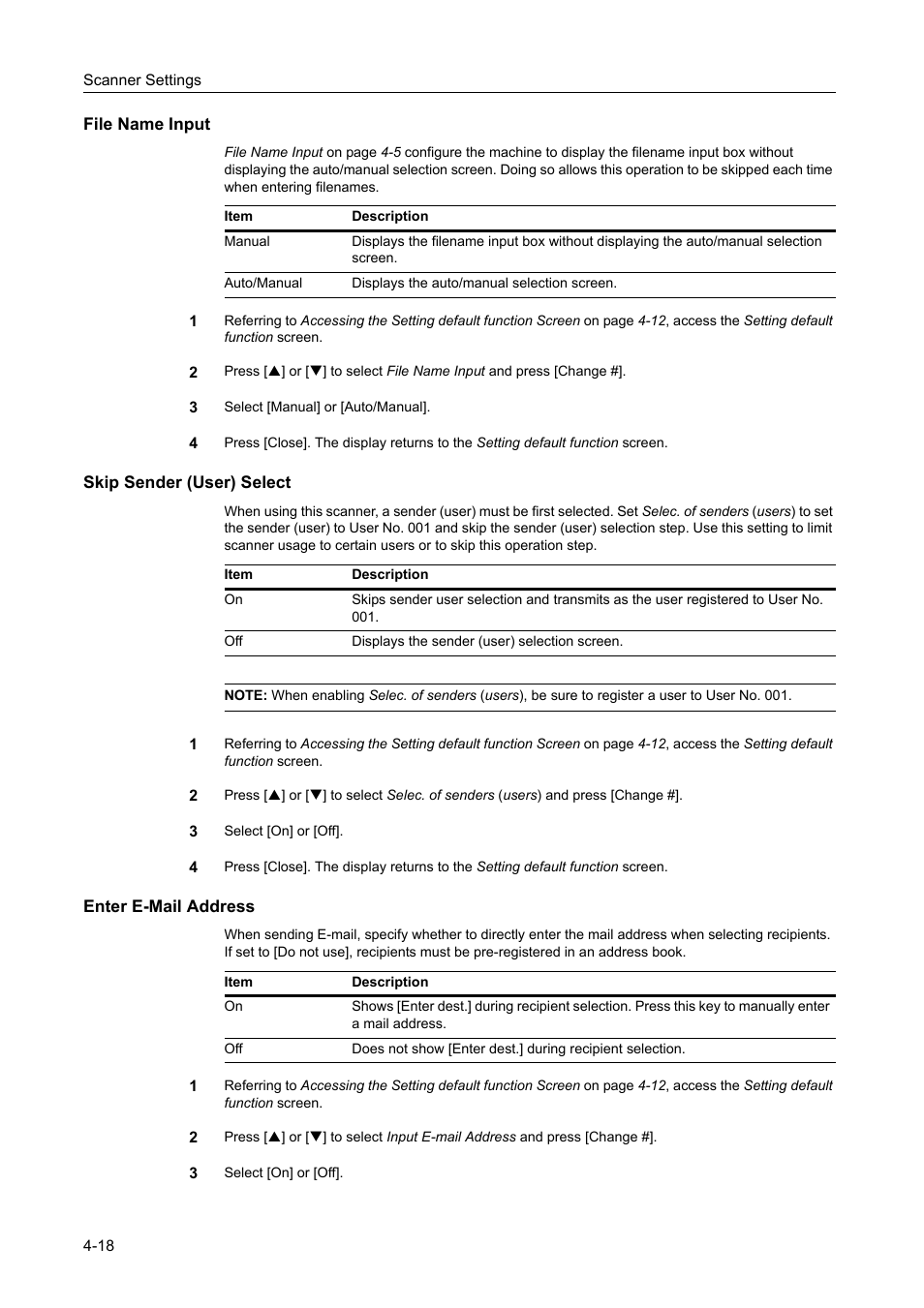 File name input, Skip sender (user) select, Enter e-mail address | TA Triumph-Adler DCC 2520 User Manual | Page 160 / 378