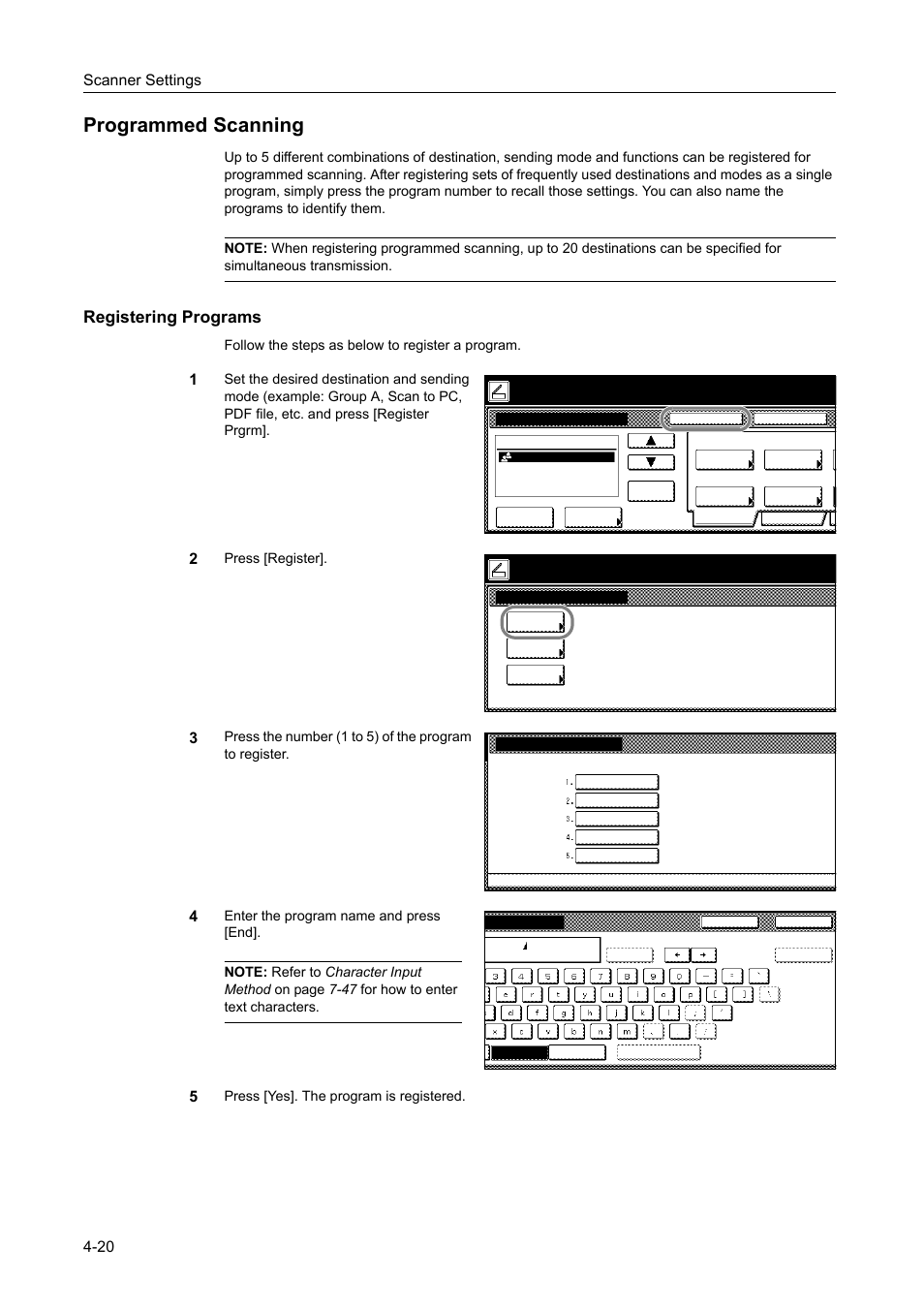 Programmed scanning, Registering programs, Programmed scanning -20 | Scanner settings 4-20, Follow the steps as below to register a program, Press [register, Press [yes]. the program is registered, Ready to scan. ( ) full-color, Select item | TA Triumph-Adler DCC 2520 User Manual | Page 162 / 378