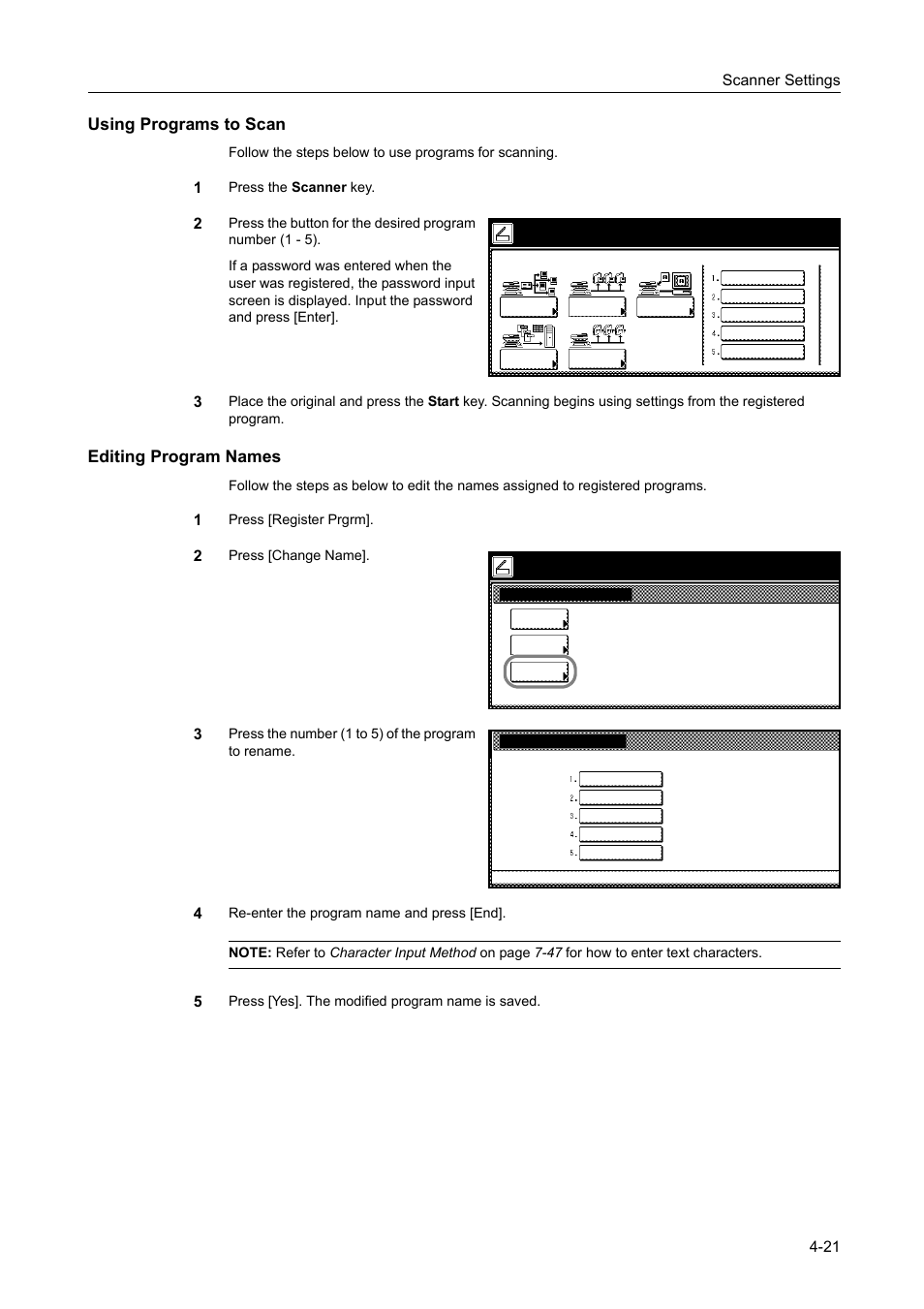 Using programs to scan, Editing program names, Scanner settings 4-21 | TA Triumph-Adler DCC 2520 User Manual | Page 163 / 378