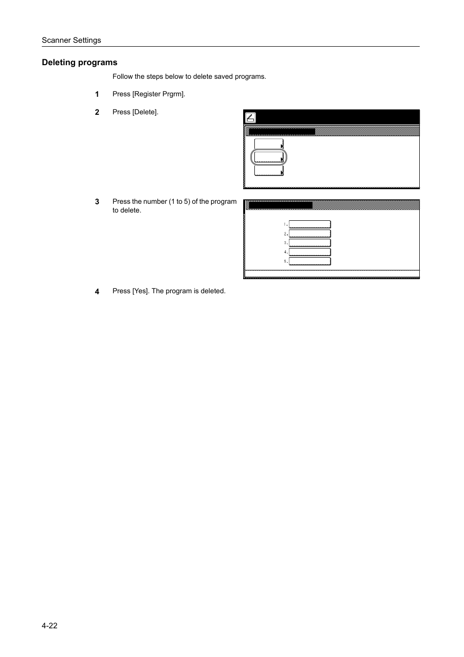 Deleting programs, Scanner settings 4-22 | TA Triumph-Adler DCC 2520 User Manual | Page 164 / 378