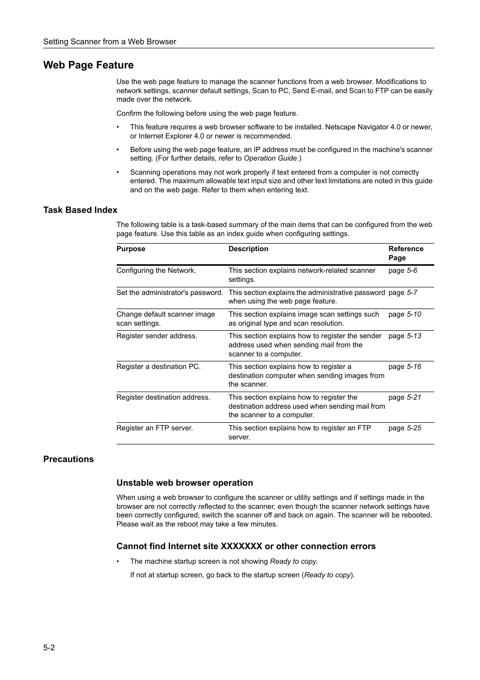 Task based index, Precautions, Web page feature | TA Triumph-Adler DCC 2520 User Manual | Page 168 / 378