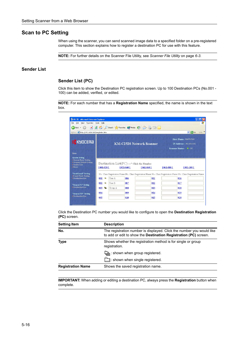 Scan to pc setting, Sender list, Scan to pc setting -16 | TA Triumph-Adler DCC 2520 User Manual | Page 182 / 378