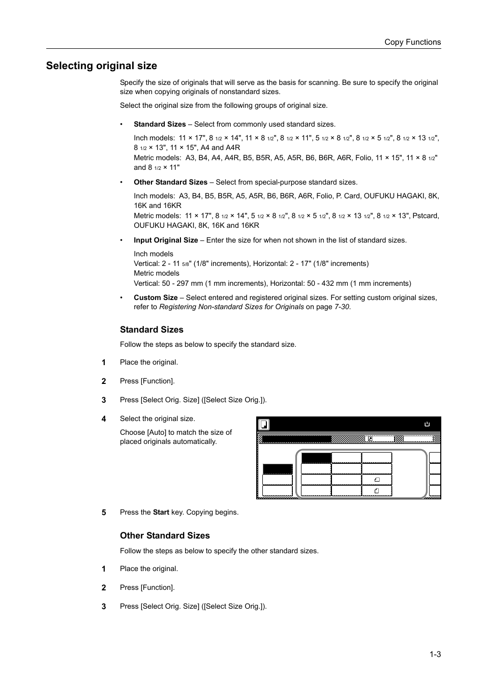 Selecting original size, Selecting original size -3, Standard sizes | Other standard sizes | TA Triumph-Adler DCC 2520 User Manual | Page 19 / 378