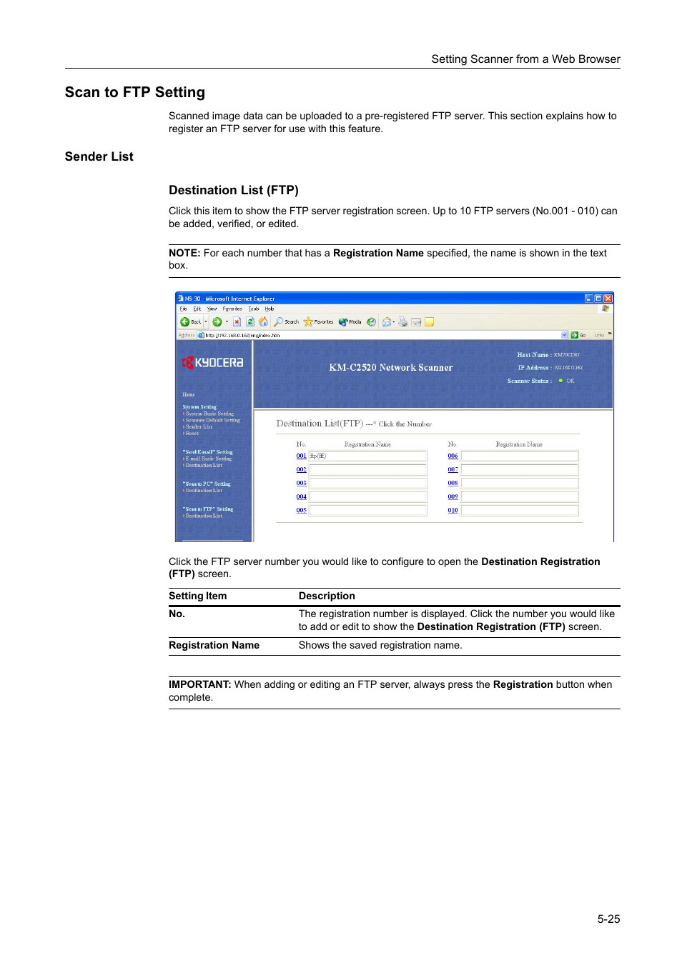 Scan to ftp setting, Sender list, Scan to ftp setting -25 | TA Triumph-Adler DCC 2520 User Manual | Page 191 / 378