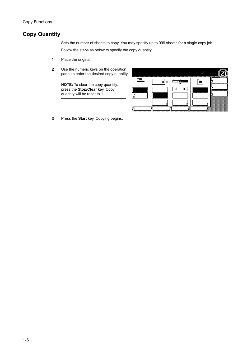 Copy quantity, Copy quantity -6, Copy functions 1-6 | Place the original, Press the start key. copying begins | TA Triumph-Adler DCC 2520 User Manual | Page 22 / 378