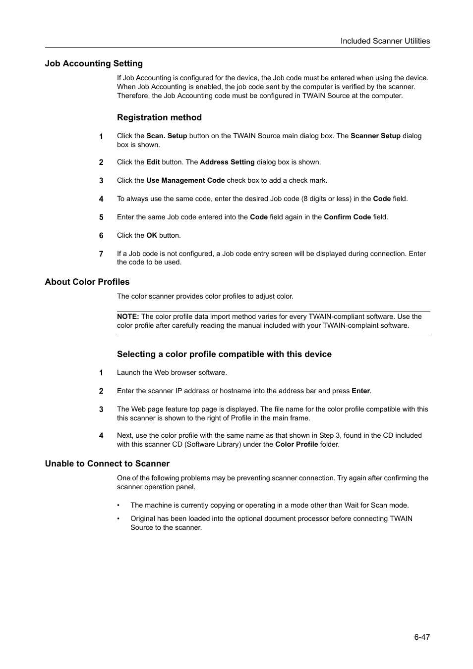 Job accounting setting, About color profiles, Unable to connect to scanner | TA Triumph-Adler DCC 2520 User Manual | Page 239 / 378