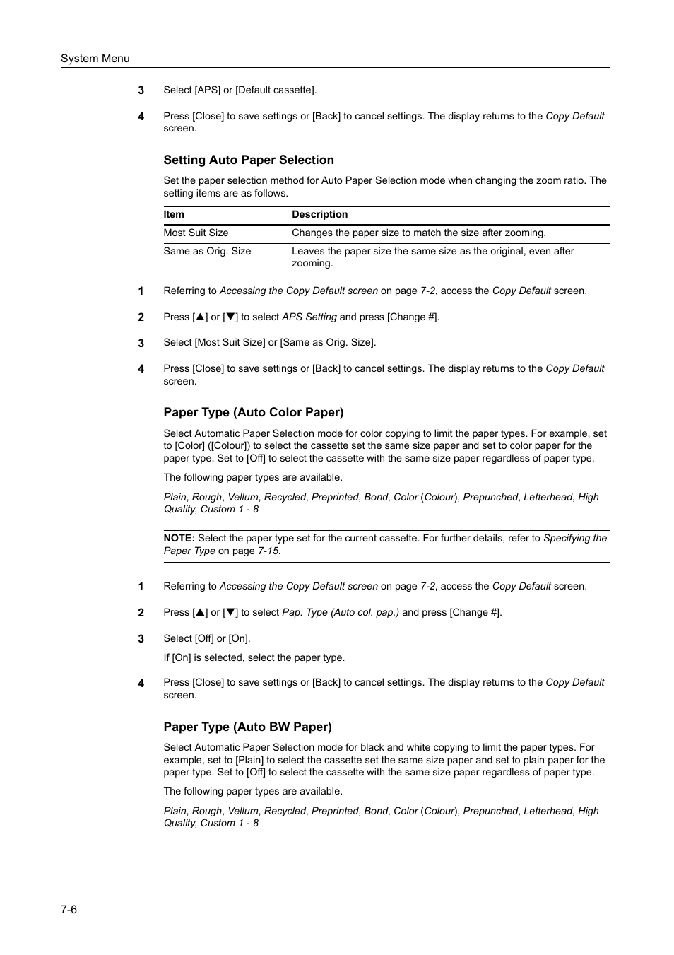 Setting auto paper selection -6, Paper type (auto color paper) -6, Paper type (auto bw paper) -6 | TA Triumph-Adler DCC 2520 User Manual | Page 254 / 378