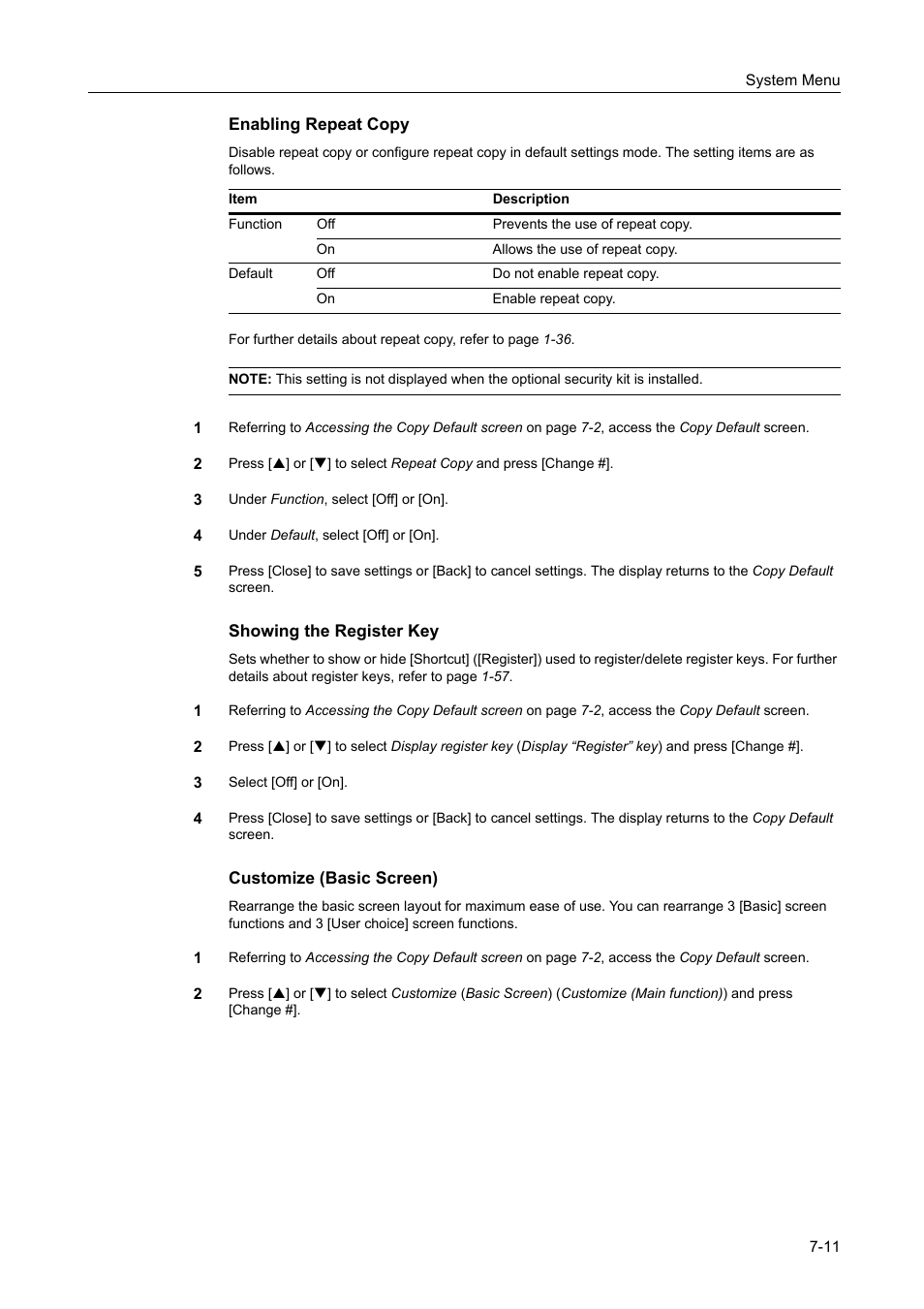 Enabling repeat copy -11, Showing the register key -11, Customize (basic screen) -11 | TA Triumph-Adler DCC 2520 User Manual | Page 259 / 378