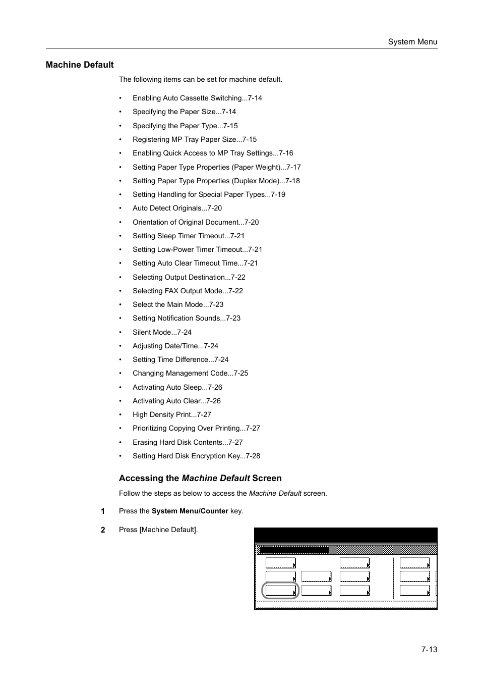 Machine default, Accessing the machine default screen | TA Triumph-Adler DCC 2520 User Manual | Page 261 / 378